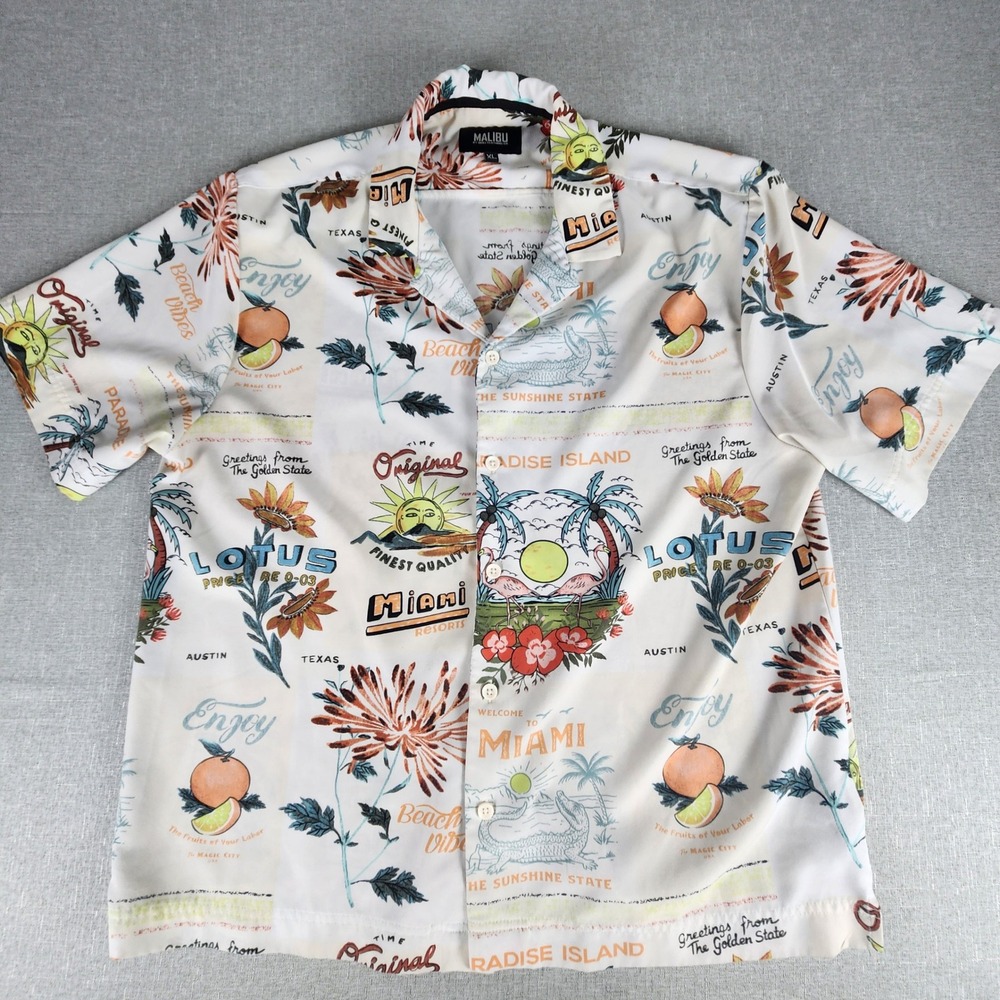 Malibu by Drill Clothing Co Mens XL Miami Postcard Tropical Camp Shirt White EUC